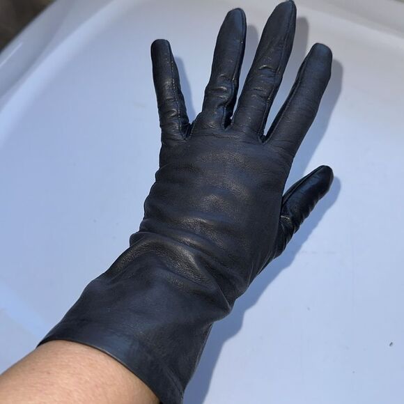 Vintage Aris black nylon lined leather gloves - size 7 - Picture 3 of 5
